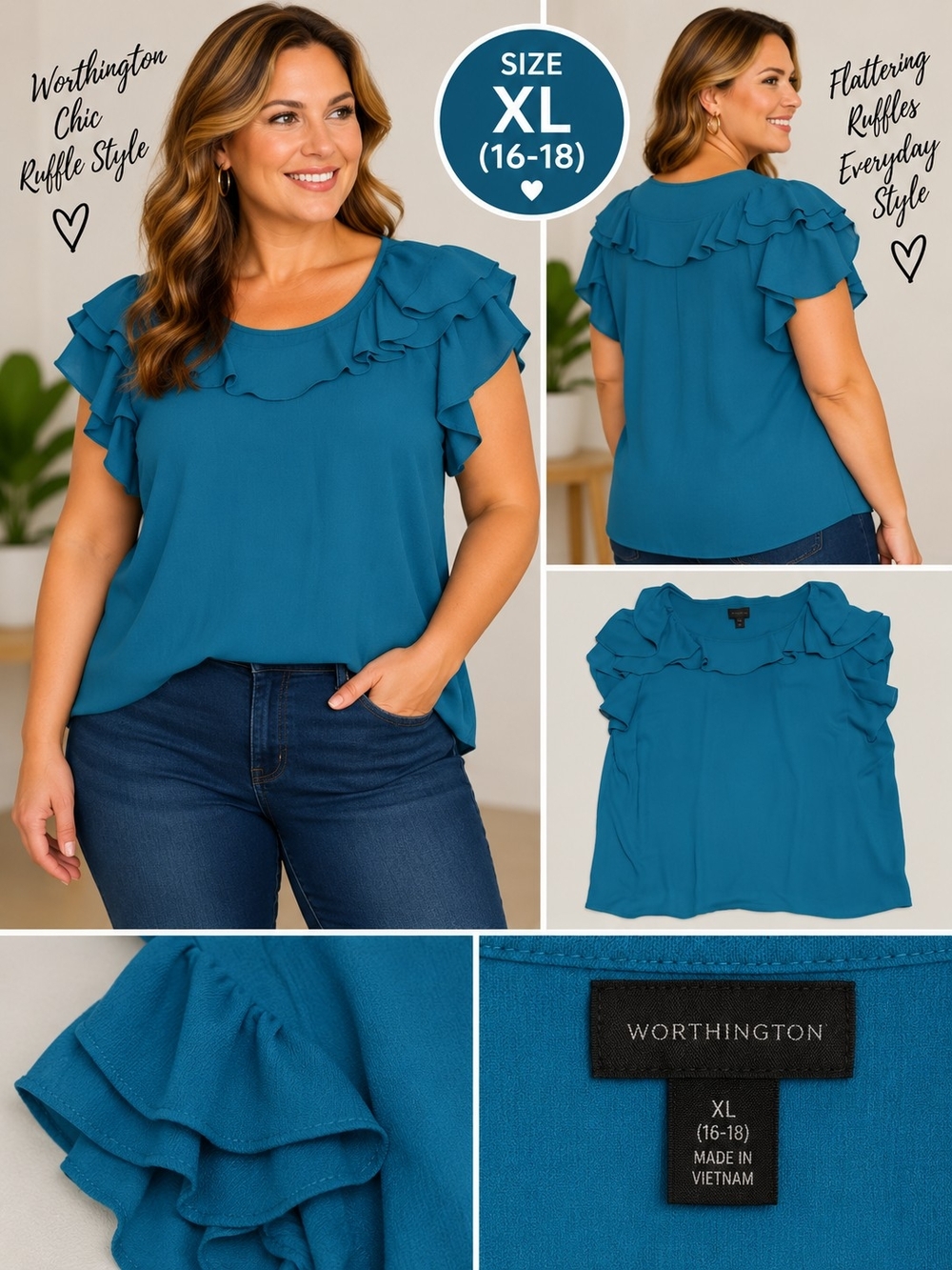 Worthington Women's XL blue ruffle sleeve blouse #31